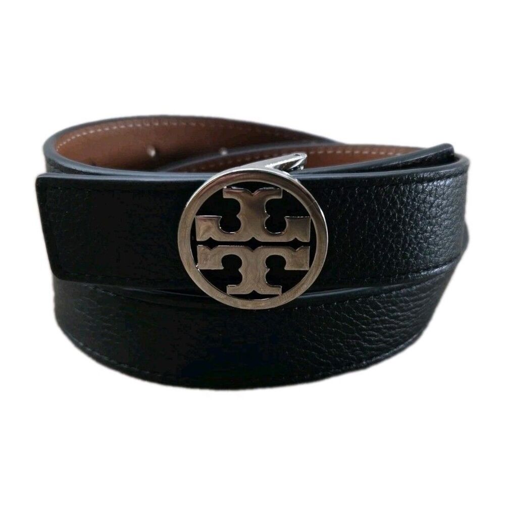 Tory Burch Classic Logo Silver Buckle Reversible Black Tan Leather XXL Belt 1"